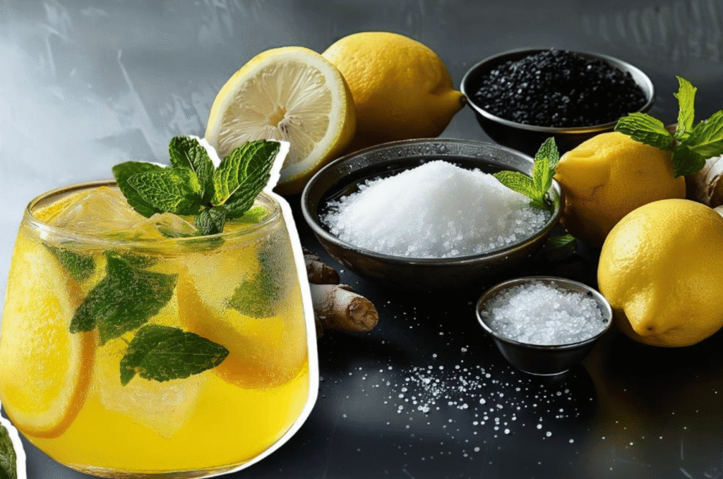 Lemonade with mint and ingredients displayed